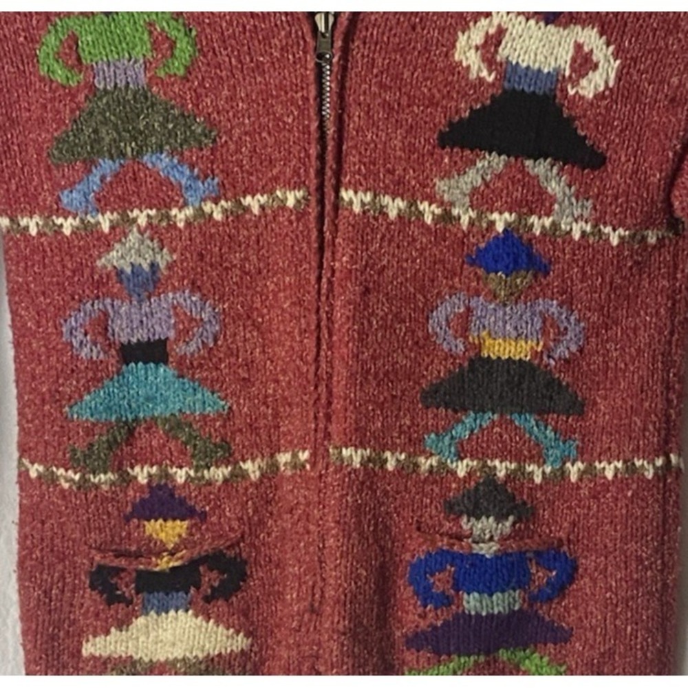 Vtg Ecuador Handknit‎ Sweater L Red Tweed Wool Zip Front Cardigan Dancing Women - Picture 2 of 4